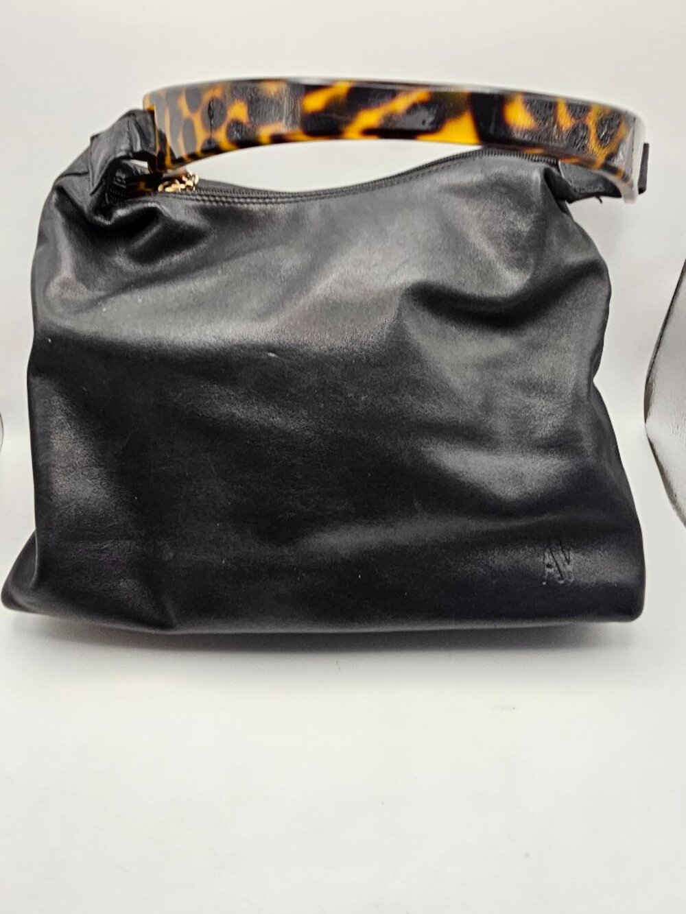 Adrienne Vittadini Black Leather Hobo – Tortoiseshell Lucite Handle – AV Logo